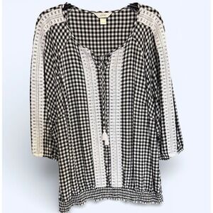 CJ Banks 1X Blouse Womens Black White Gingham Lace Smocked Cottagecore Peasant